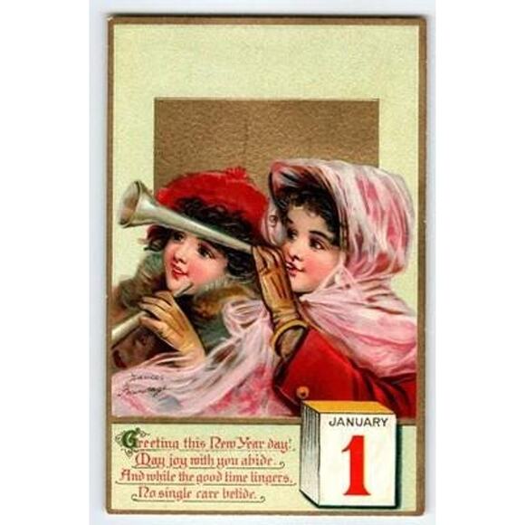 Vintage 1907-1915 Frances Brundage New Year Postcard Children Lithograph Signed - Picture 1 of 2